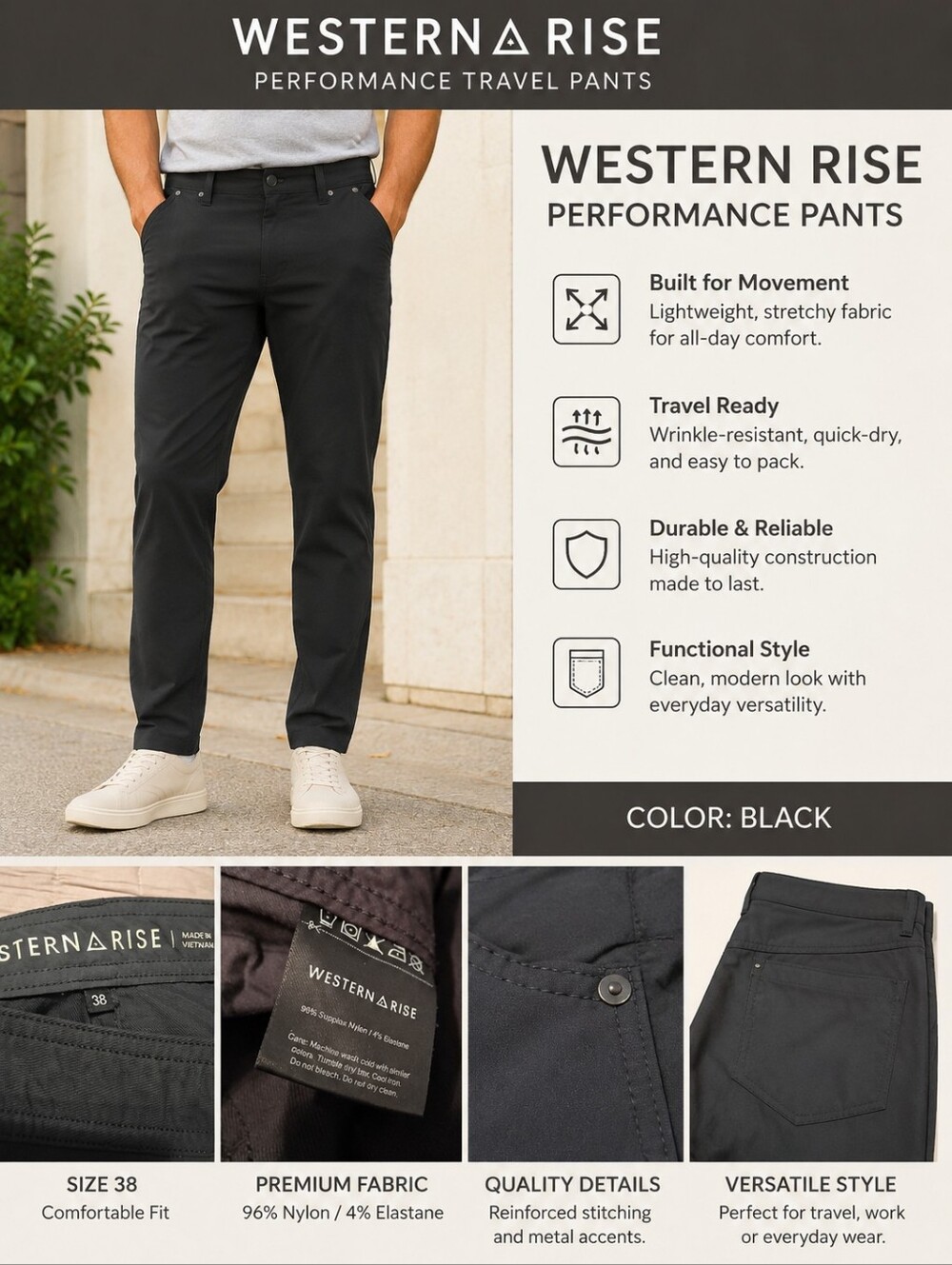 Western Rise Performance Travel Pants - Black